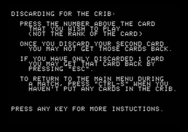 Hi-Res Cribbage Apple II Screenshot: Instructions (part 1).