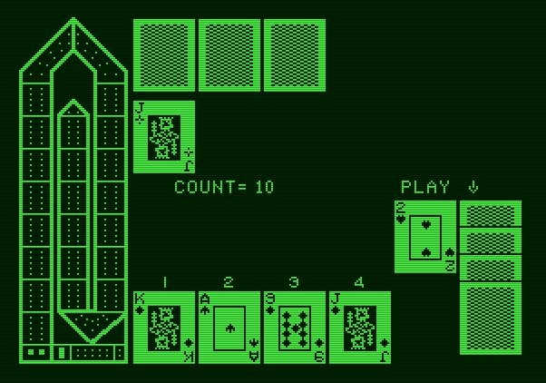 Hi-Res Cribbage Apple II Screenshot: Select the next card to play...