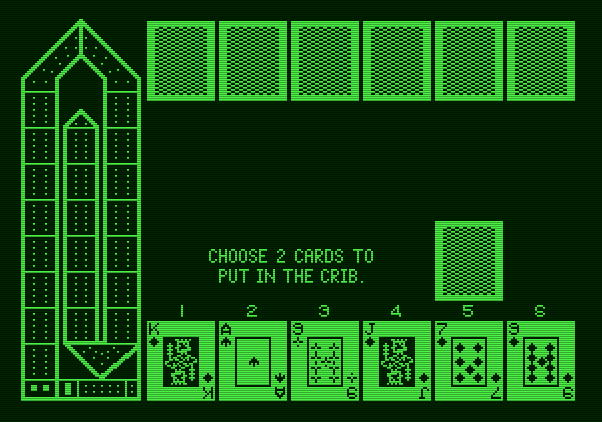 Hi-Res Cribbage Apple II Screenshot: Game start; select 2 cards to put in the crib.