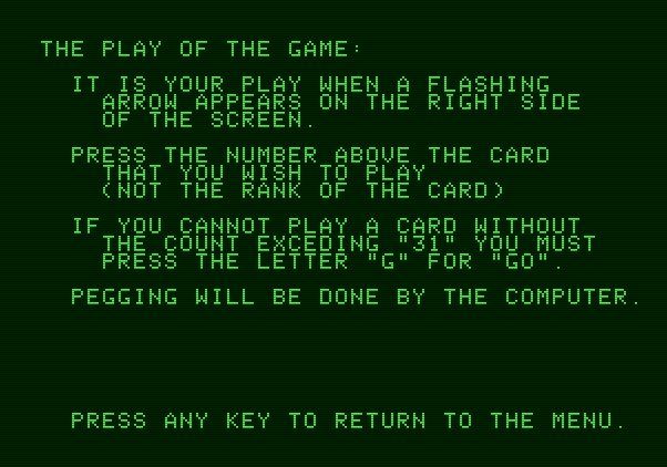 Hi-Res Cribbage Apple II Screenshot: Game instructions (part 2).