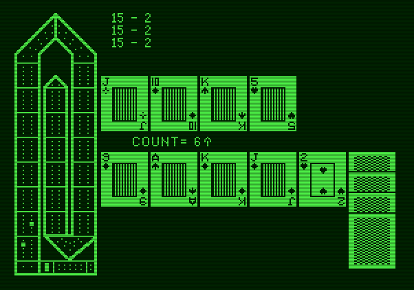 Hi-Res Cribbage Apple II Screenshot: Tallying the score at the end of a hand.