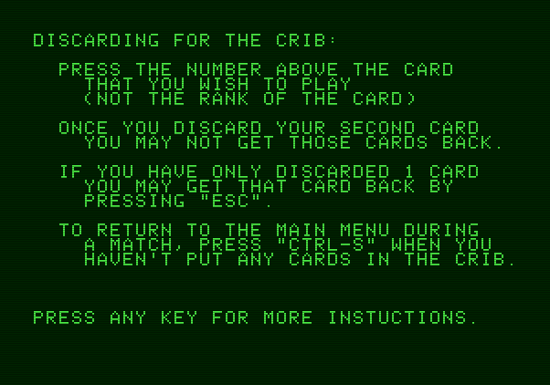 Hi-Res Cribbage Apple II Screenshot: Game instructions (part 1).