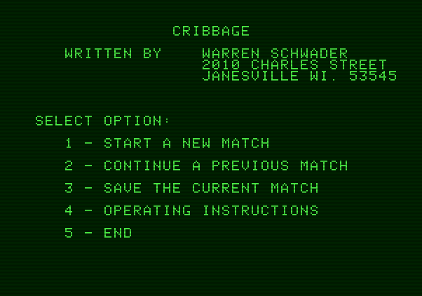 Hi-Res Cribbage Apple II Screenshot: Title screen and main menu.