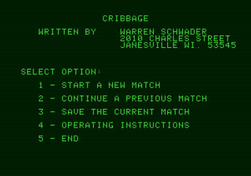 Hi-Res Cribbage for Apple II - Title screen and main menu.