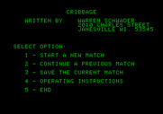 Hi-Res Cribbage for Apple II - Title screen and main menu.