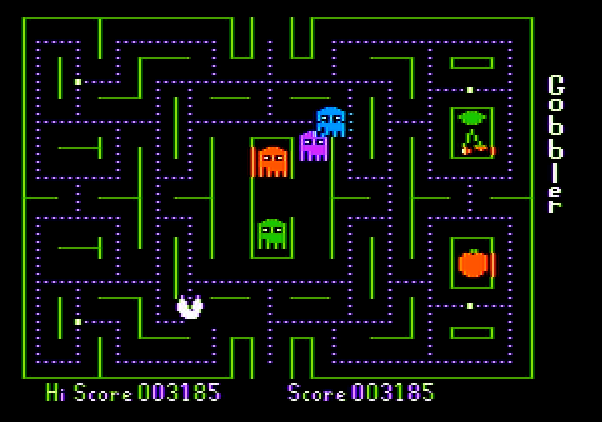Gobbler Apple II Screenshot: Game over, scores are displayed at the bottom of the screen.