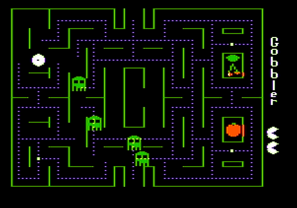 Gobbler Apple II Screenshot: You can eat the ghosts when they all turn green.
