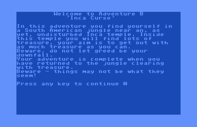 Adventure B Commodore 64 Screenshot: Title and starting location.