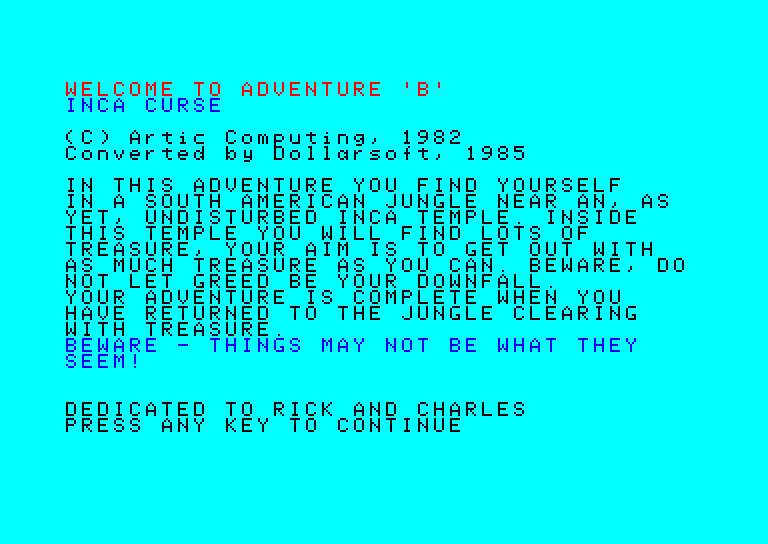 Adventure B Amstrad CPC Screenshot: Title and game start.