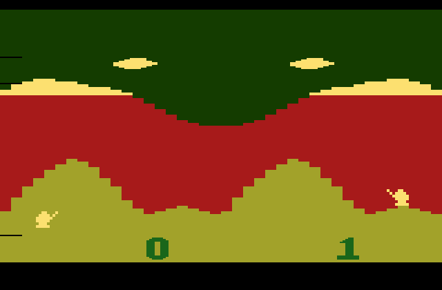Artillery Duel Atari 2600 Screenshot: Target hit! The screen flashes various colors...