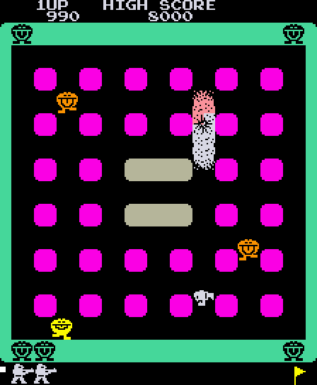 Warp Warp Arcade Screenshot: Drop bombs to blow up opponents in this maze...