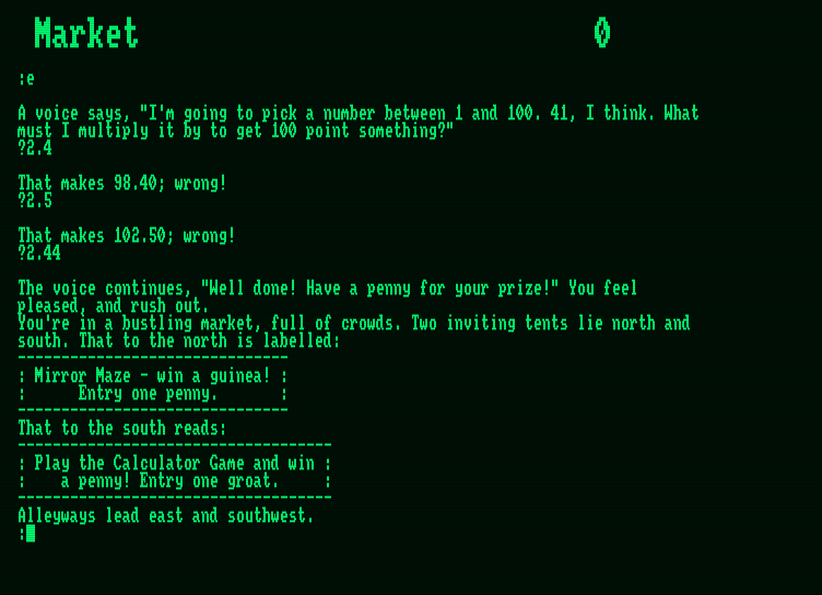 Giant Killer Amstrad PCW Screenshot: Care to try the mirror maze? Or how about the calculator game?