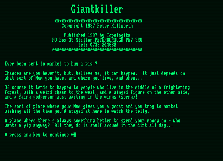 Giant Killer Amstrad PCW Screenshot: Title screen and introduction.