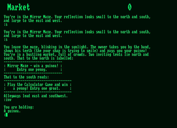 Giant Killer Amstrad PCW Screenshot: I made it through the mirror maze, and now I'm back at the market...