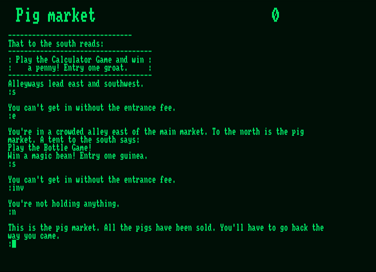 Giant Killer Amstrad PCW Screenshot: All of the pigs have been sold, guess I won't be able to get one...