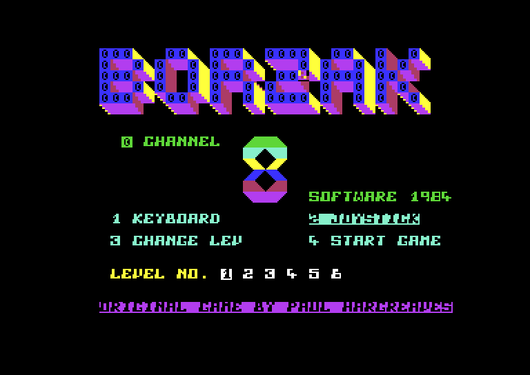 Borzak Commodore 64 Screenshot: Title screen and menu.