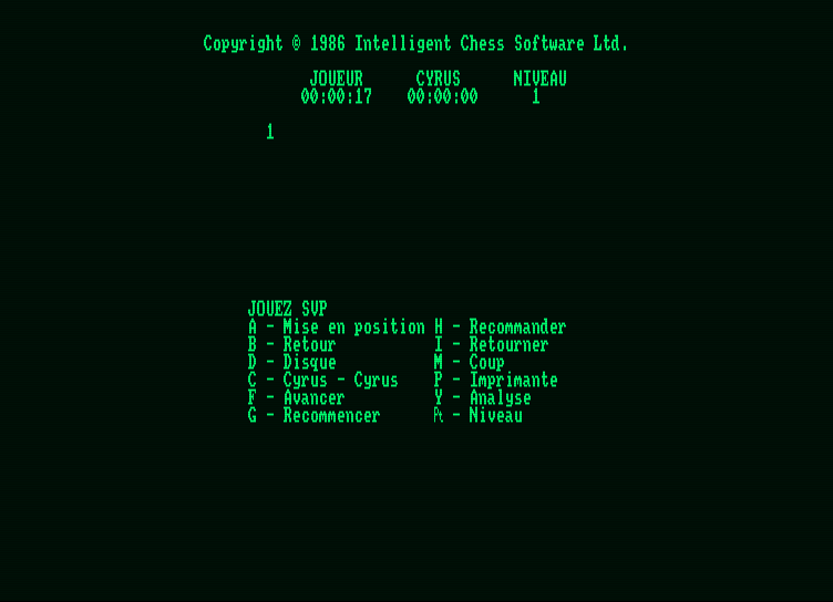 Cyrus II Amstrad PCW Screenshot: In-game menu.