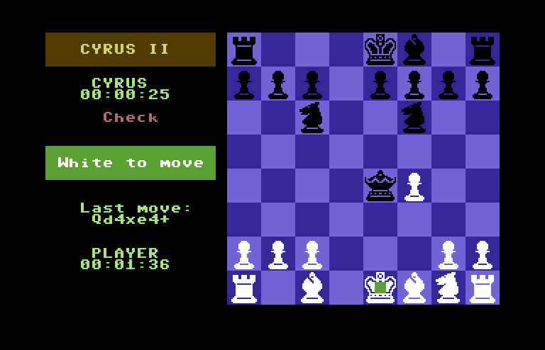 Cyrus II Commodore 64 Screenshot: Chess in progress...