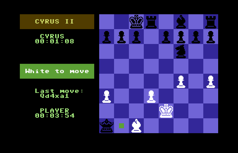 Cyrus II Commodore 64 Screenshot: The computer is winning so far...what's your next move?