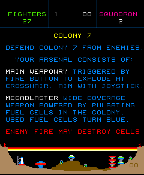 Colony 7 Arcade Screenshot: Instructions, part 1.