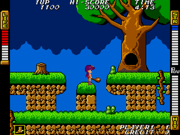 Athena Arcade Screenshot: You can bash through some of these bricks, and you might even find something!
