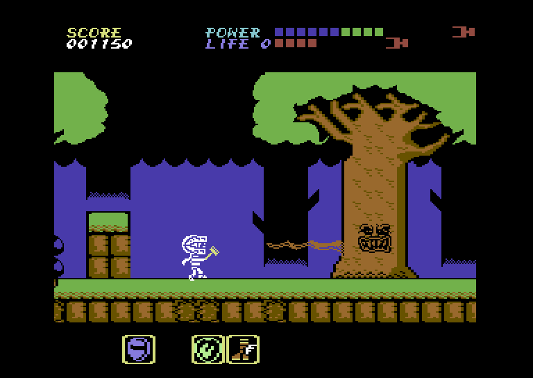 Athena Commodore 64 Screenshot: This deadly tree is the end of level boss.