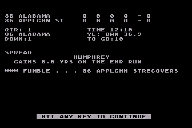 3 in 1 College & Pro Football Atari 8-bit Screenshot: Fumble!