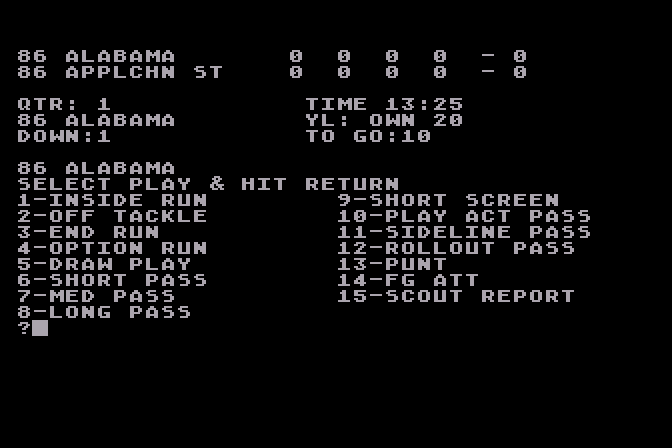 3 in 1 College & Pro Football Atari 8-bit Screenshot: Select play.