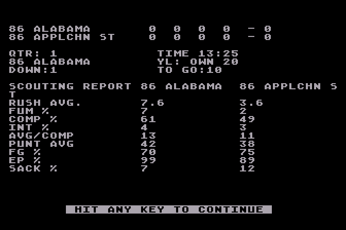 3 in 1 College & Pro Football Atari 8-bit Screenshot: Scouting report.