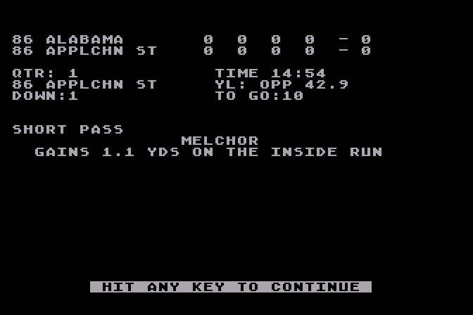 3 in 1 College & Pro Football Atari 8-bit Screenshot: The results of a play.
