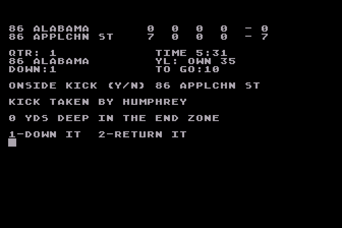 3 in 1 College & Pro Football Atari 8-bit Screenshot: Onside kick...