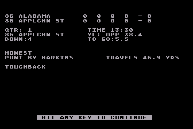 3 in 1 College & Pro Football Atari 8-bit Screenshot: Touchback.