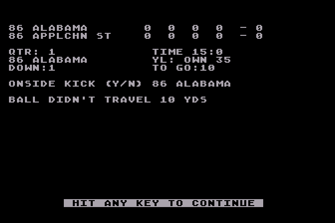 3 in 1 College & Pro Football Atari 8-bit Screenshot: Ball didn't travel 10 yds...