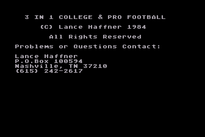 3 in 1 College & Pro Football Atari 8-bit Screenshot: Title screen.