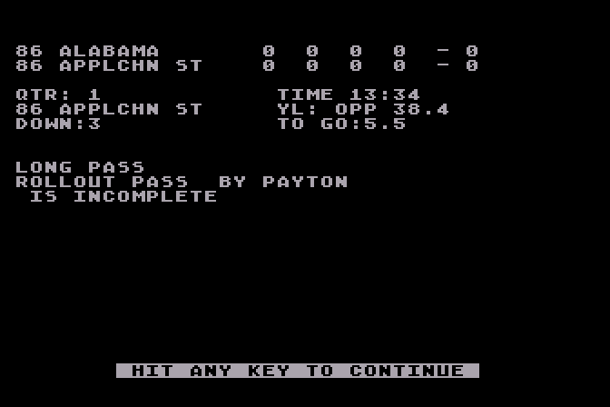 3 in 1 College & Pro Football Atari 8-bit Screenshot: Pass is incomplete!