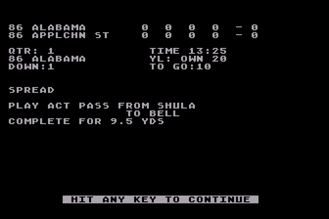 3 in 1 College & Pro Football Atari 8-bit Screenshot: The results of a play.