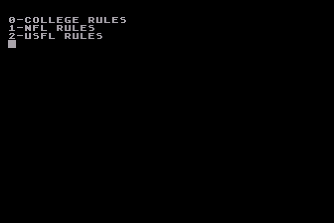 3 in 1 College & Pro Football Atari 8-bit Screenshot: Select rules.
