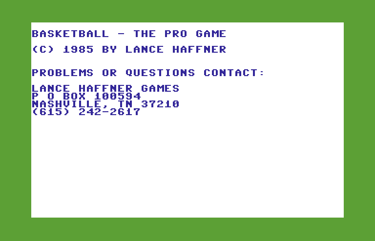 Basketball: The Pro Game Commodore 64 Screenshot: Title screen.