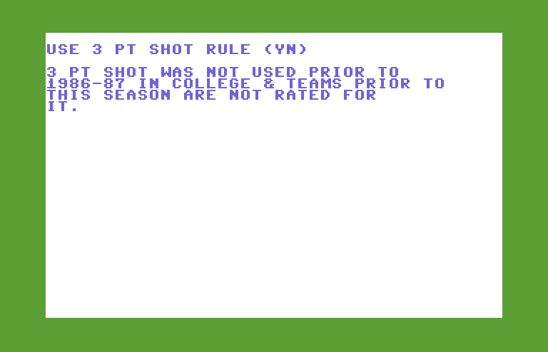 Courtside College Basketball Commodore 64 Screenshot: Use 3 point shot rule?