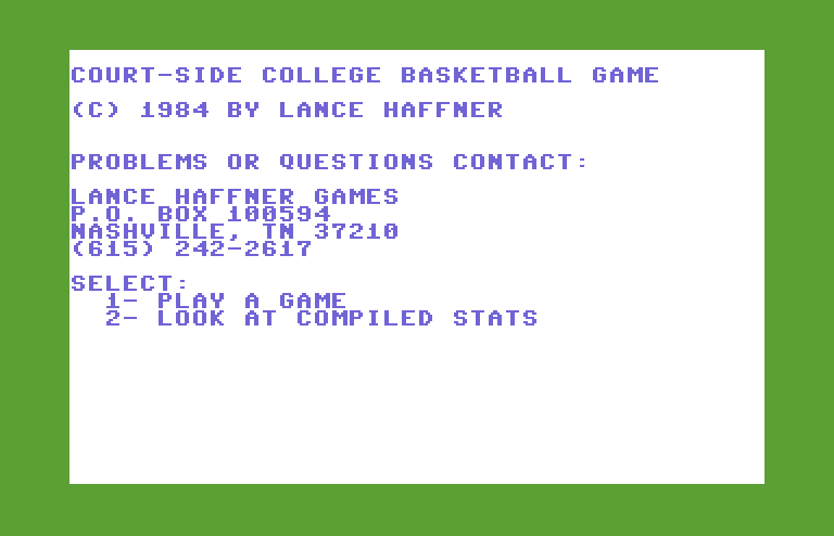 Courtside College Basketball Commodore 64 Screenshot: Title screen.