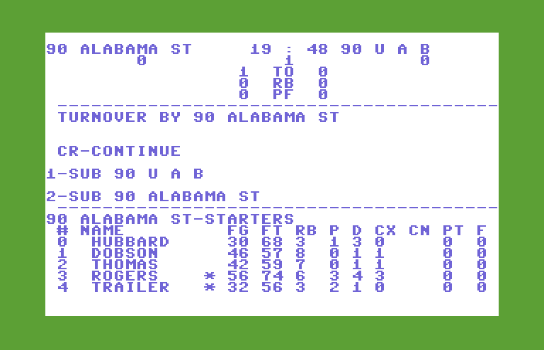 Courtside College Basketball Commodore 64 Screenshot: Gameplay...turnover by Alabama.