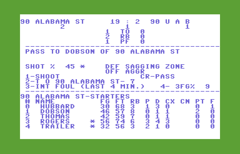 Courtside College Basketball Commodore 64 Screenshot: Another pass...