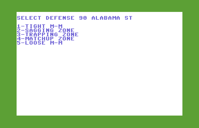 Courtside College Basketball Commodore 64 Screenshot: Select defense.