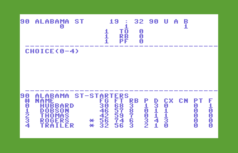 Courtside College Basketball Commodore 64 Screenshot: Enter a choice...