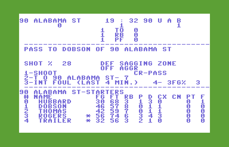 Courtside College Basketball Commodore 64 Screenshot: Pass to Dobson...