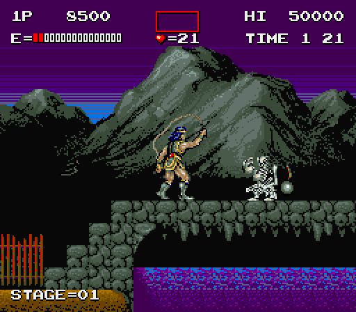 Haunted Castle Arcade Screenshot: Use your whip to attack skeletons.