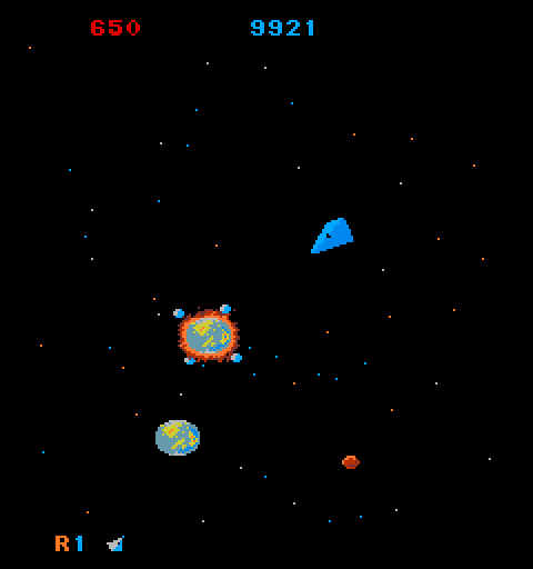 Mad Planets Arcade Screenshot: Your ship can move anywhere on the screen and rotate.