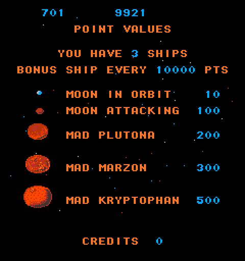Mad Planets Arcade Screenshot: Point values.
