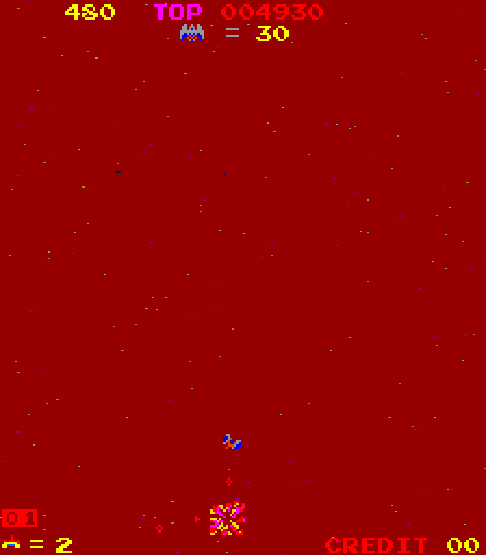 Space Firebird Arcade Screenshot: Crash! I've been hit and the screen flashes red.