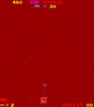 Space Firebird for Arcade - Crash! I've been hit and the screen flashes red.